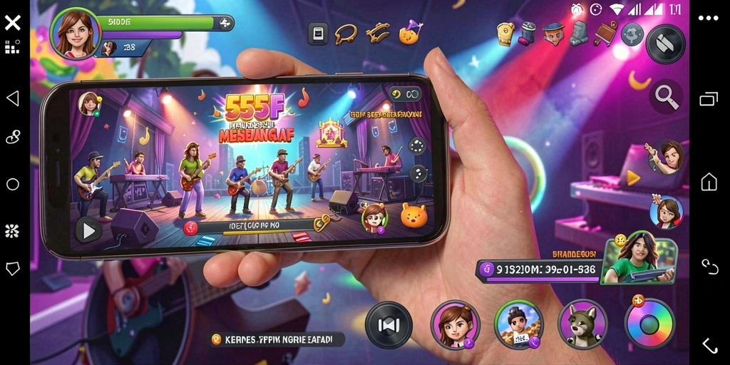 Tampilan gameplay seru dari 555F dengan musik yang mengasyikkan.