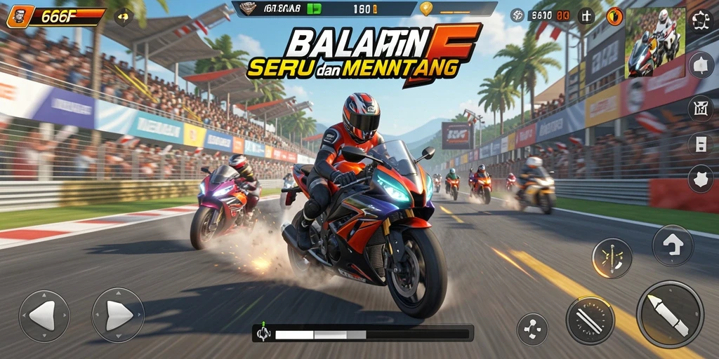 Screenshot gameplay 666F menunjukkan aksi balapan motor yang mendebarkan.