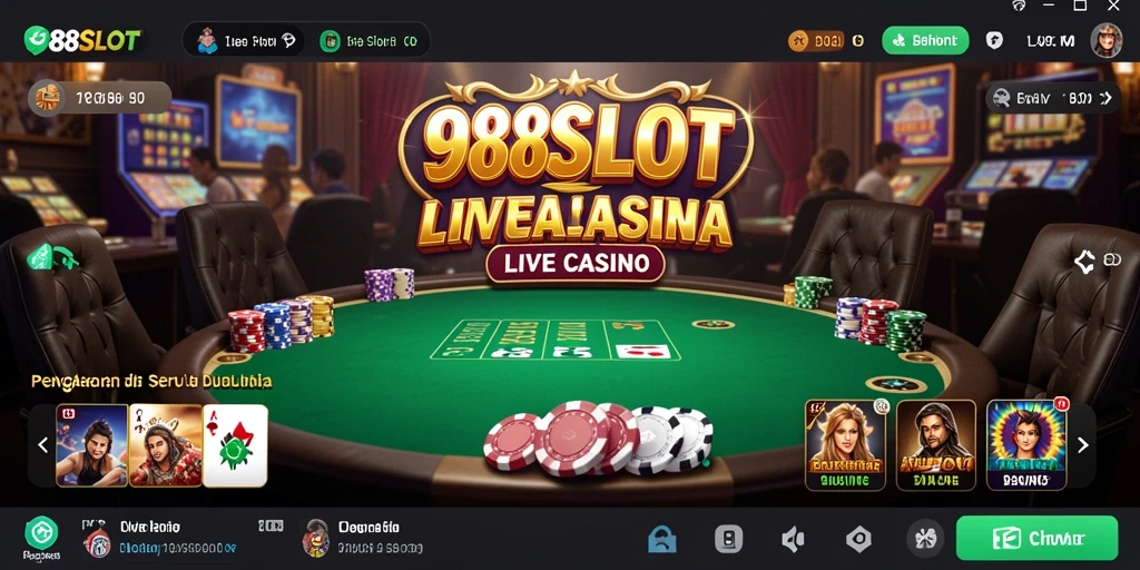 Screenshot utama 988SLOT menampilkan dealer langsung dan suasana permainan yang menghibur.