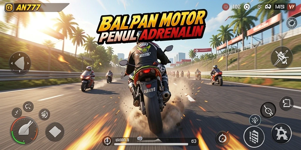 Screenshot AN777 menunjukkan aksi seru balapan motor di trek menantang.