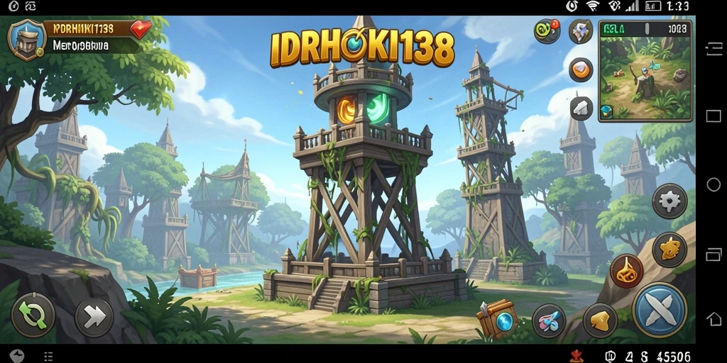 Screenshot gameplay menampilkan menara dan musuh dalam aksi.