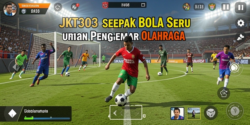 Screenshot utama JKT303 menampilkan aksi dribble pemain di lapangan.