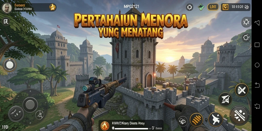Tampilan gameplay seru di MPO2121 dengan menara dan musuh yang menantang.