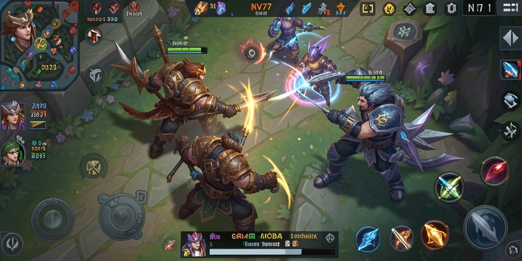Screenshot gameplay NV77 yang menunjukkan aksi bertarung di arena MOBA.