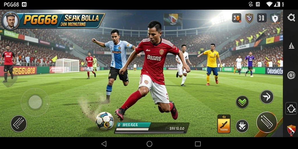 Tampilan gameplay PGG68 dengan aksi sepak bola yang mendebarkan.