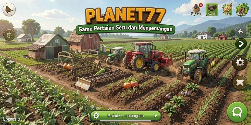 Screenshot dari gameplay <strong>PLANET77</strong> yang menunjukkan aktivitas pertanian yang dinamis.