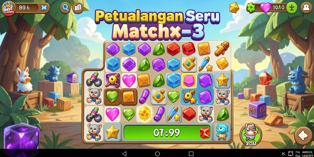 Gameplay seru di REJEKIGAMES dengan tantangan Match-3 yang menarik.