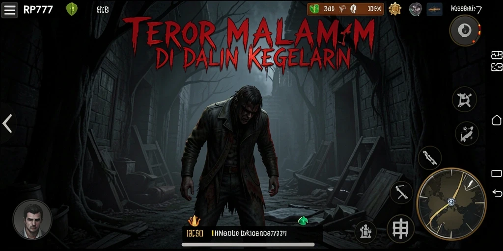 Screenshot gameplay RP777 menampilkan suasana menyeramkan dan penuh ketegangan.