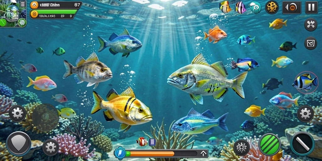 Tampilan gameplay menarik saat menangkap ikan di V87.
